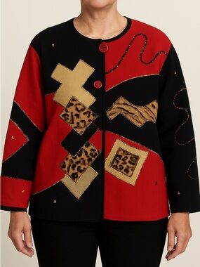 VTG Indigo Moon Jacket Women L Blazer Lined Boho Embroidered Patchwork Tapestry